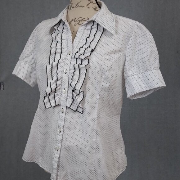 Spense | Polka Dot Ruffle Front Blouse Shirt White | Size L - Picture 3 of 9